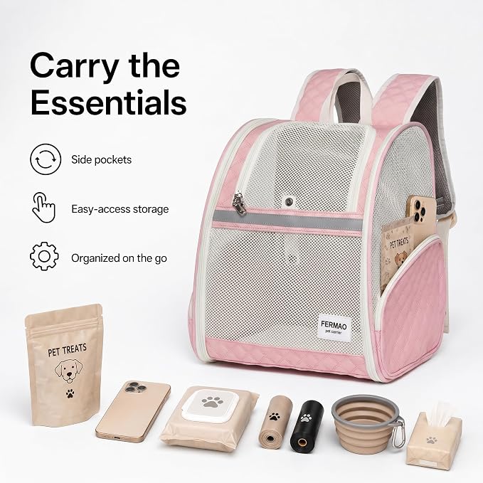 Cat Backpack Carrier for Small Dogs and Medium cat Puppy Kitten Bunny Pet Carrier Backpack Collapsible with Fully Ventilated Mesh with Safety Leash (Pink, 12.9" L x 10.62" W x 15.5" H - M)