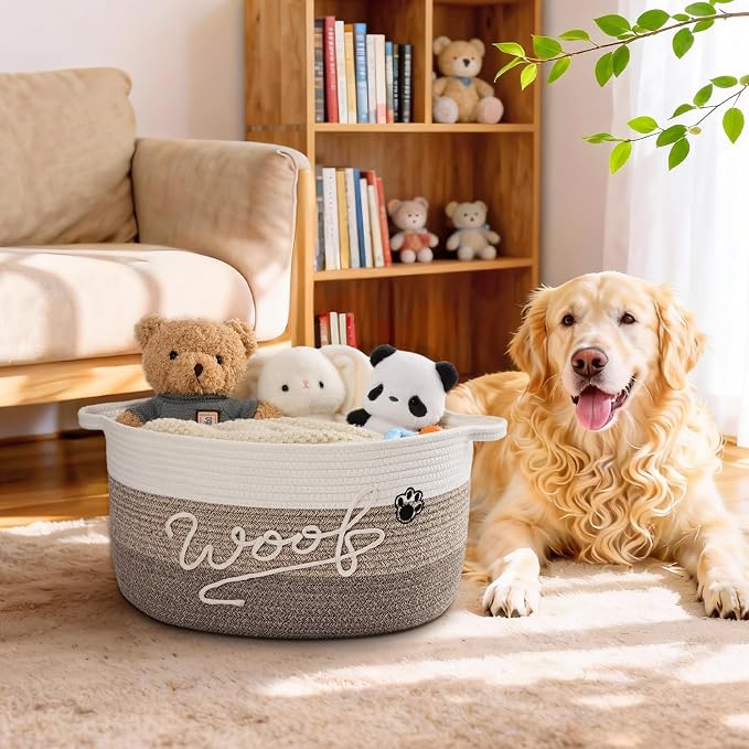 Woof Dog Toy Basket with Handles, Large Dog Toy Storage Bin with Paw Print, Woven Dog Basket for Blankets, Toys, Chews, Pet Toy Box for Nursery, Living Room, Bedroom, 20”x14”x9, Brown