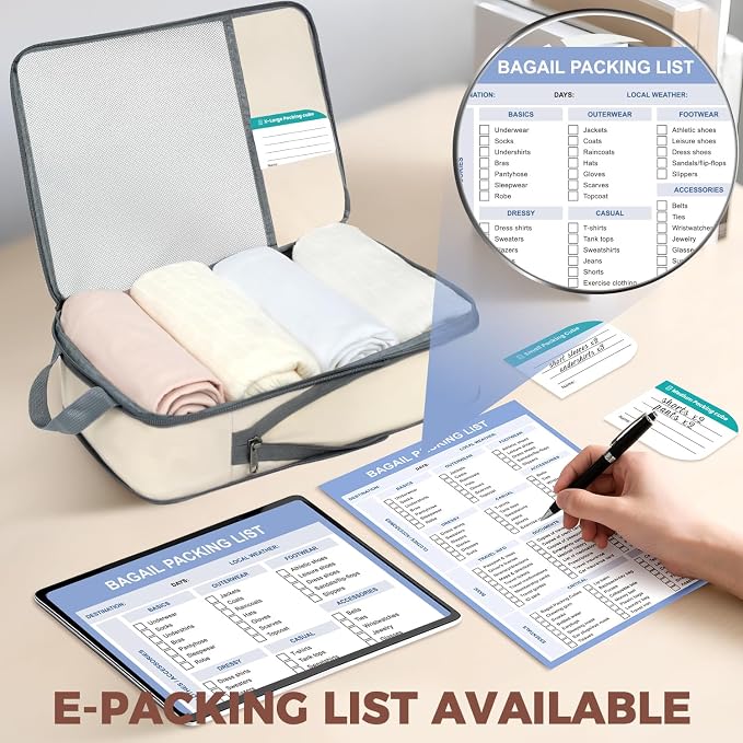 BAGAIL Lightweight Compression Packing Cubes for Travel, 6 Set, Beige | Salis Nylon Fabric,Anti-Tearing,Save Space,SBS Zippers,Packing List,PVC Tag Pocket,Custom Labels,Visible Mesh,Portable Handel