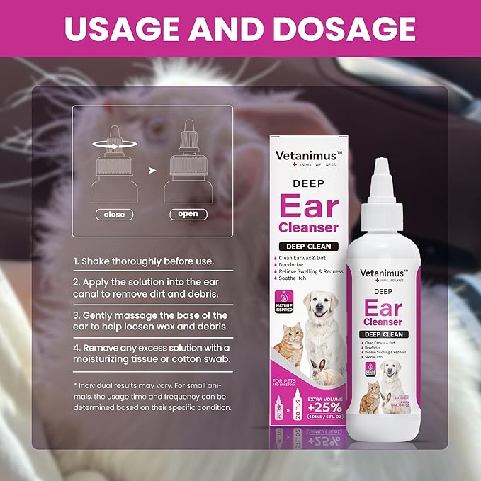 Ear Cleanser 150ml/5 fl.oz for Dogs Cats and Livestock Gentle Cleansing and Soothing Ears 1 Bottle