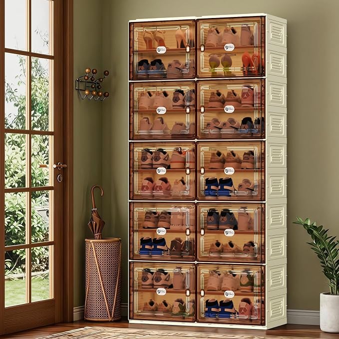 White Foldable Shoe Rack Organizer for 40 Pairs | Tool-free Assembly, Magnetic Clear Door, Anti-Tiping, Sneaker Storage, adjustable shelf, Folding Design, Garage, Entryway