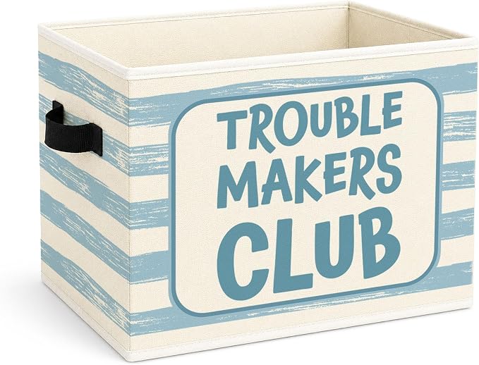 Trouble Makers Storage Bin, Foldable Fabric Basket for Bedroom | Foldable fabric storage bin with funny blue stripe design for toys, books, clothes, nursery, bedroom, and playroom use.