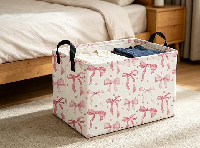 Pink Baskets Girls Basket Rectangular Cute Storage Bin for Room Decor(Pink bownot)