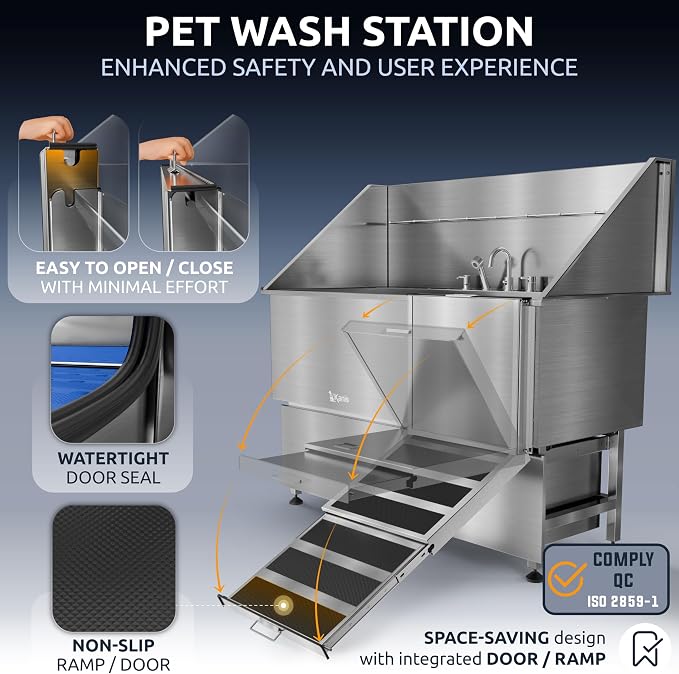 Professional Dog Washing Station 304 Stainless Steel Pet Wash Sink | Grooming Bathtub w/Shower, Floor Grates and Storage for Large, Medium & Small Pets