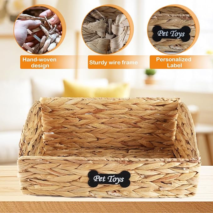 Trapezoid Pet Dog Toy Basket,Collapsible Dog Toy Bin,Wicker Basket for Dog Cat Toys,Pet Toy Box,Dog Storage Organizer for Leash Blanket Toys Snacks-Natural Farmhouse Water Hyacinth