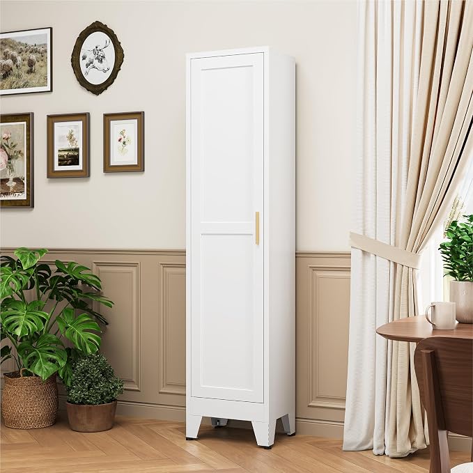 YAUWOH White Narrow Metal Storage Cabinet, Tall Freestanding Cabinet with 4 Adjustable Shelves & Barn Doors, Pantry Organizer for Bathroom Kitchen Home Office Dining Room（1PC,White）