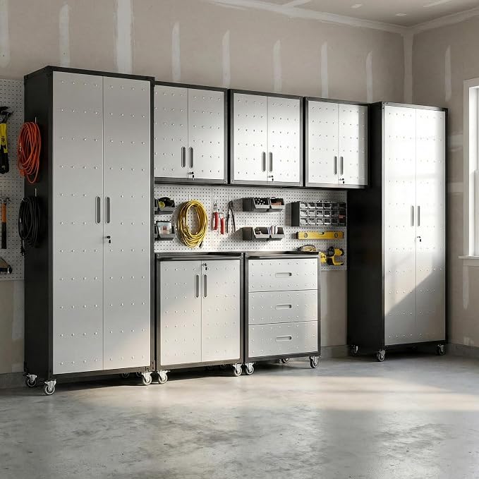 Garage Cabinet System | Heavy Duty Steel All-in-One Modular Garage Cabinet Set for Ultimate Workshop Organization | Easy Assembly Garage Storage Cabinets & Tool Bench