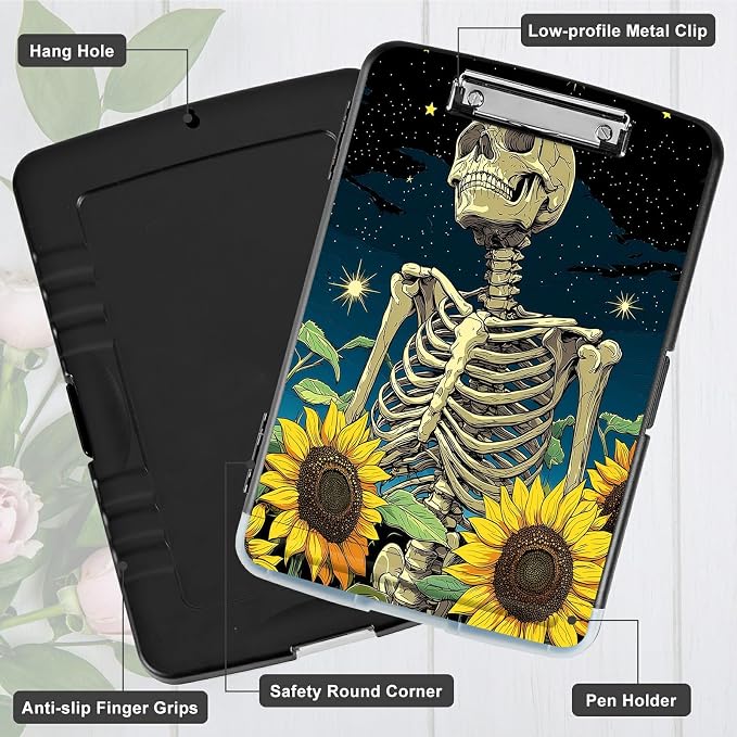A4 Clipboard with Storage Pen Holder, Clipboards Organizer Nursing Clipboard Foldable File Folder Plastic Clipboard Folio Clip Board for Office Work Classroom Doctor, Dark Skull Sunflower