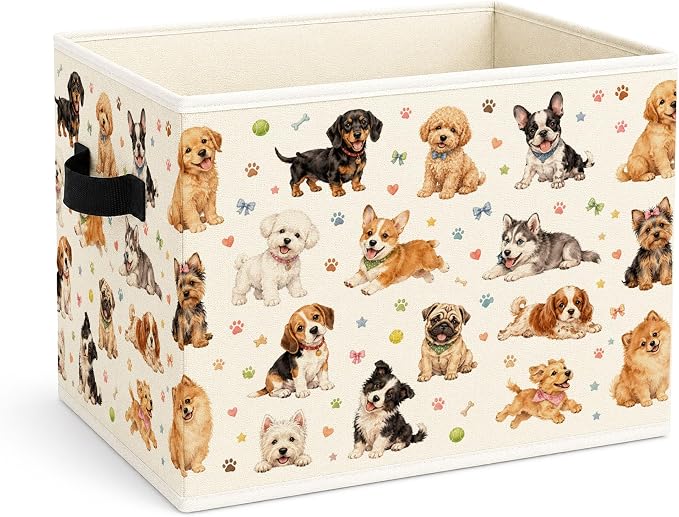 Cute Puppy Dogs Storage Bin, Foldable Fabric Organizer | Colorful puppy dog storage bin for toys, books, clothes, pet supplies, kids rooms, playrooms, shelves, and closets.