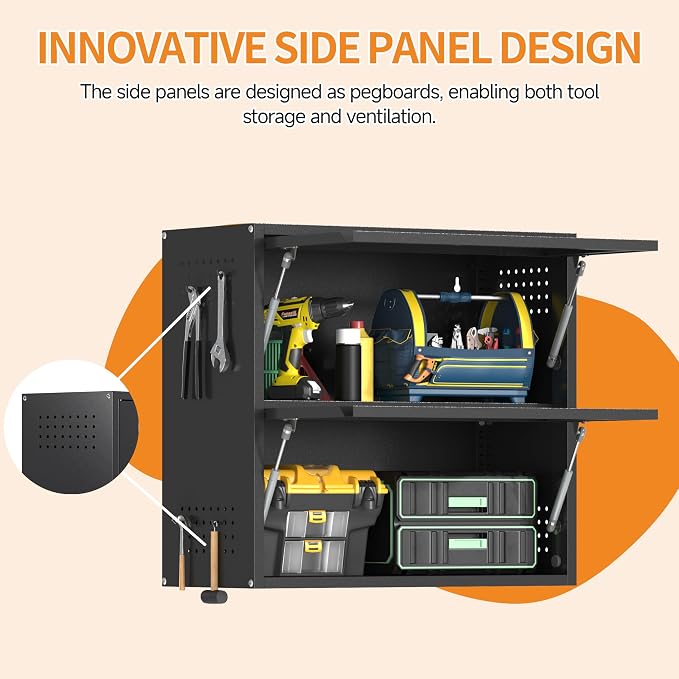 Metal Garage Wall Cabinet with Up-Flip Door, Black Float Tool Cabenit with 2 Doors,Upper Storage Cabinets with Pegboard for Kitchen,Garage,Workshop,Warehouse (25.6" H,Black)