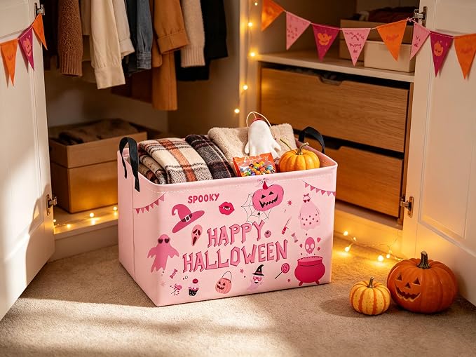 Sanjiaofeng Rectangular Pink Halloween Ghost Storage Basket,Waterproof Foldable Storage Baskets,Trick or Treat Halloween Basket,Halloweens‌ Party Candy Gift Baskets(Pink Ghost)