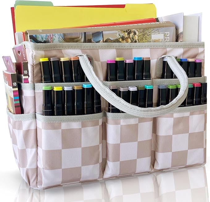 Cupohus Art Organizer Craft Storage Tote Bag with Handles Checkered | Portable Supply Storage for Sewing, Scrapbooking, Journal, Oxford Fabric Carrying Caddy for Teacher, Officer, Artist