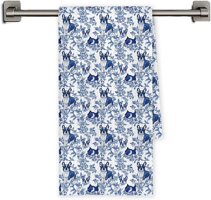 Chicimln Chinoiserie Boston Terrier Kitchen Towels, Boston Terrier Gifts Decorative Hand Towels for Bathroom, Blue and White Dog Dish Tea Towel Drying Cloth for Kitchen Decor, 16x24 Inch