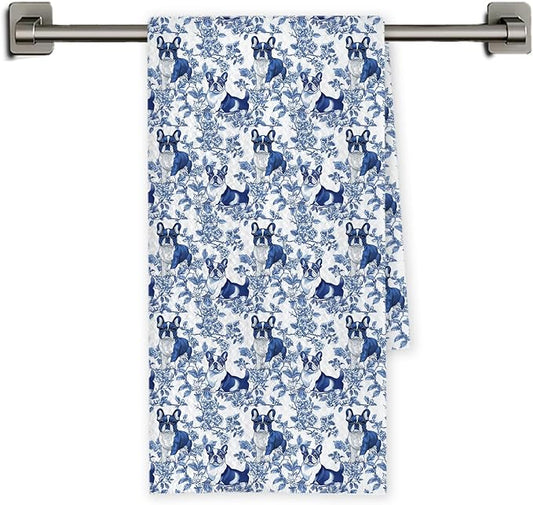 Chicimln Chinoiserie Boston Terrier Kitchen Towels, Boston Terrier Gifts Decorative Hand Towels for Bathroom, Blue and White Dog Dish Tea Towel Drying Cloth for Kitchen Decor, 16x24 Inch