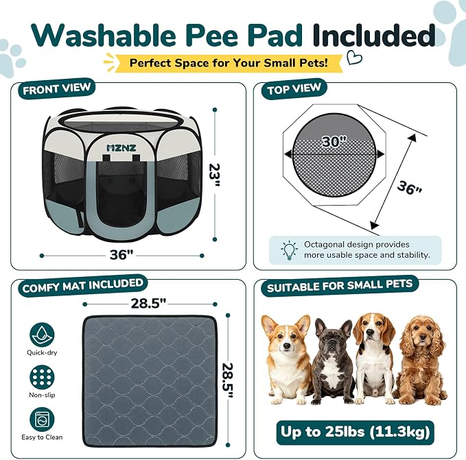 Dog Cat Small Animal Puppy Playpen Crate with Pee Pad, Medium, Grey | Portable Pop Up Pet Cage Enclosure Tent Kennel Indoor Outdoor with Carrying Case, No Assembly, Camping Use