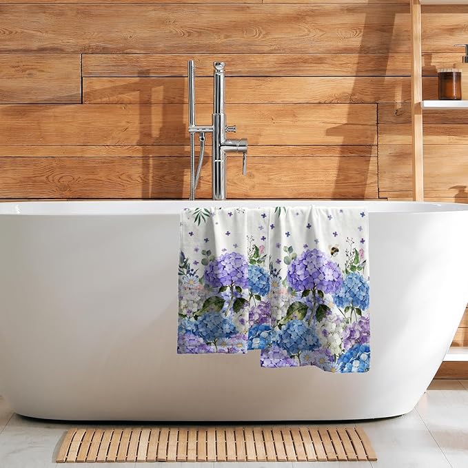 Giwawa Hydrangea Flowers Towel Set of 2 Blue Purple Watercolor Spring Summer Floral Bees Decorative Hand Towels Soft Microfiber Seasonal Face Towel Washcloth for Bathroom Guest Gym Spa Hotel