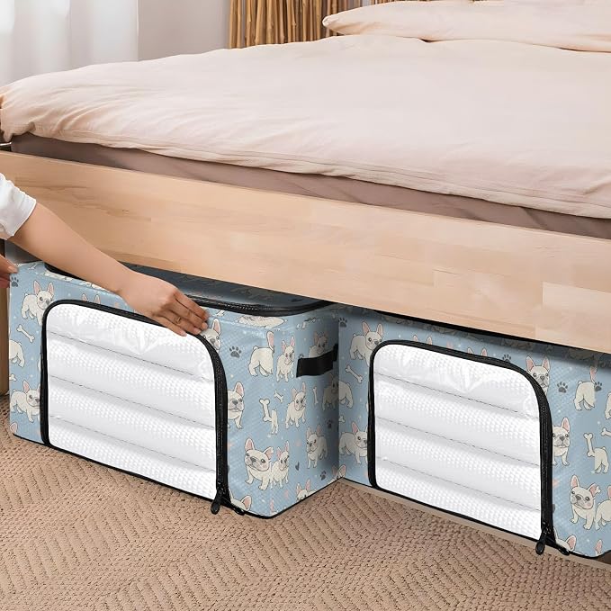 Cute Pets Dogs Blue print Under Bed Storage Containers with Double Zipper Openings, Foldable Clothes Storage Bins with Clear Window and Handles for Comforters Bedding Blankets