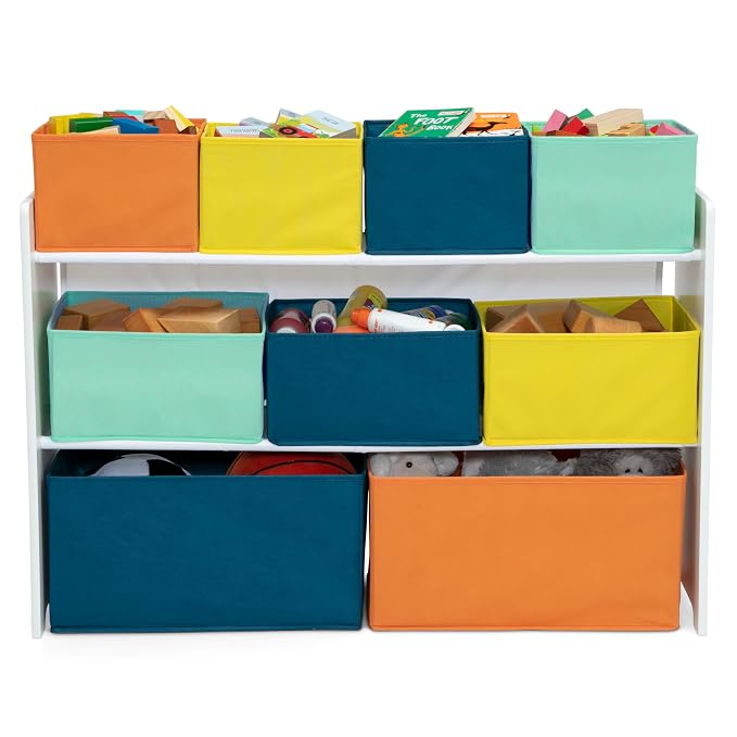 Delta Children Deluxe Multi-Bin Toy Organizer with Storage Bins - Greenguard Gold Certified, White with Navy/Green/Pastel Bins