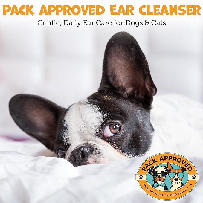 Pack Approved Cat & Dog Ear Cleaning Solution - Helps Remove Wax, Debris, and Dirt - Non-Stinging, Non-Burning Daily Use Formula - Cat & Dog Ear Wash for Itchy Ears - Sweet Pea & Vanilla Scent (8oz)