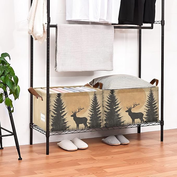 Rustic Sunset Forest Deer Vintage Storage Basket Foldable Cube Storage Bins with Handles&Label Collapsible Organizer Box Bin Large Rectangle Decorative Baskets for Shelves Home Living Room Closet