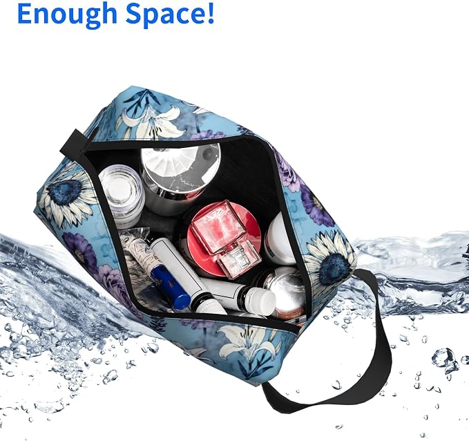 Blue and Purple Watercolor Floral Makeup Bag - Durable 600D Oxford Fabric Travel Cosmetic Bag, Shockproof Foam Padded Toiletry Organizer for Gym & Daily Use 10x6.2x4.9 Inch