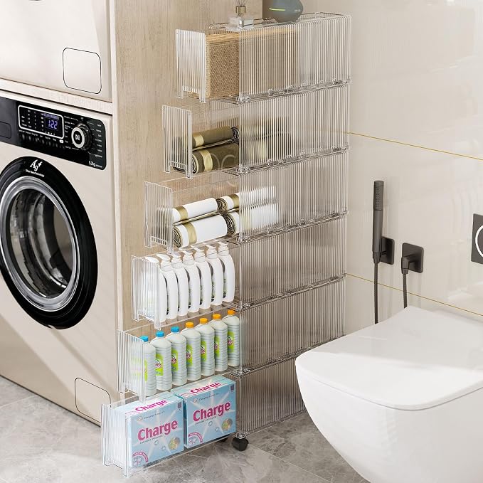 KHNR Slim 6 Tier Bathroom Storage Cabinet with Wheels, Narrow Gap Organizer Shelf, Tower for Shampoo, Towels, Toilet Paper Toiletries, Perfect for Bathroom Corner or Beside Toilet, Clear White
