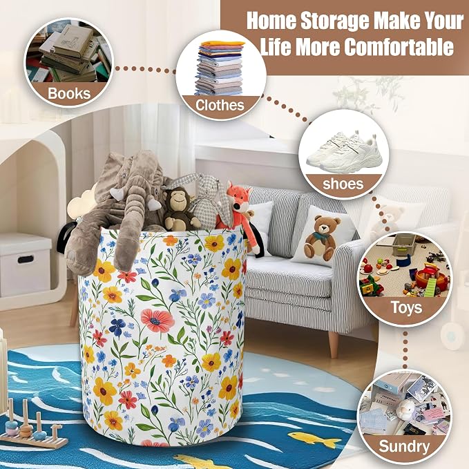 Laundry Basket Colorful Wildflower Collapsible Laundry Baskets Waterproof Oxford Cloth With Handles,Laundry Hamper Clothes Storage Bucket Toy Organizer for Bathroom/Nursery/Bedroom 16" x 20.8"