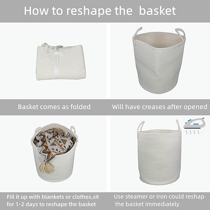 Woven Cotton Rope Laundry Basket, 15" x 20" Laundry Hamper, White | Rope storage basket for dirty clothes, toys and blankets. Perfect for bathroom, baby nursery and living room storage.
