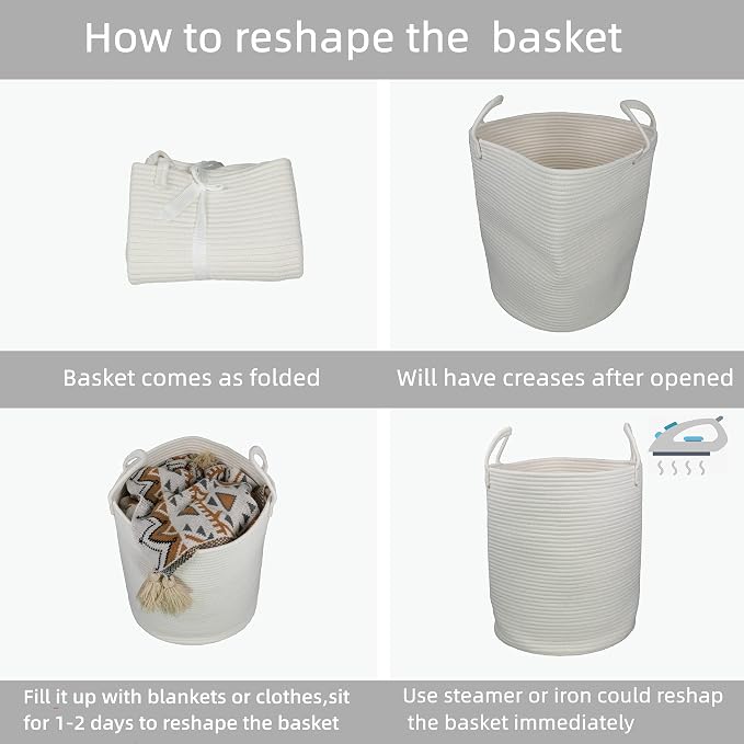 XUANGUO White Cotton Rope Laundry Basket Hamper for Clothes Large | Baby Nursery Hamper Bin Decorative Woven Storage Basket for Living Room Bedroom Boho Tall Rope Baskets for Blanket Toys