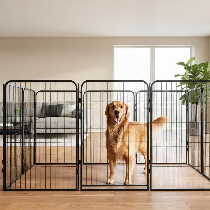 Indoor Dog Playpen - 24 inch, 8 Panels for Small and Puppy Size Dogs - Heavy Duty Metal Portable Pet Fence with Black Anti-Rust Coating - Play Pen w/Extra Wide Gate