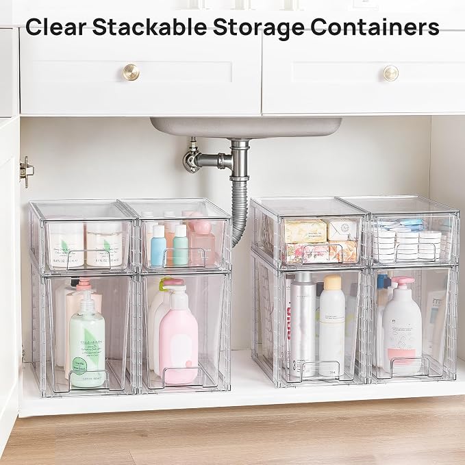 Vtopmart Clear Stackable Storage Drawers, 8 Pack Tall Organizer Set | Tall and Small Pull-Out PET Drawers Combine Vertical Storage and Small Item Sorting for Cabinets, Closets, Pantry