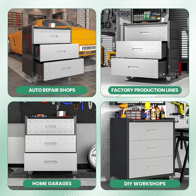 Garage Cabinets,Metal Garage Storage Cabinet with Wheels,Lockable Rolling Tool Cabinet with Drawer and Adjustable Shelves,Heavy Duty Tools Cabinet for Home Office Utility Room,Black/Grey