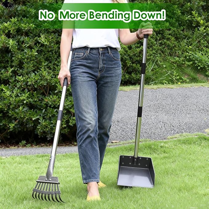 Pooper Scooper, Long Handle Pet Supplies with Stainless Metal Tray and Rake | Fits Multiple Pets,Stainless Steel, Rust-Proof, 38.5" Extended Reach, for Grass Dirt Gravel, Heavy Duty, No Bending