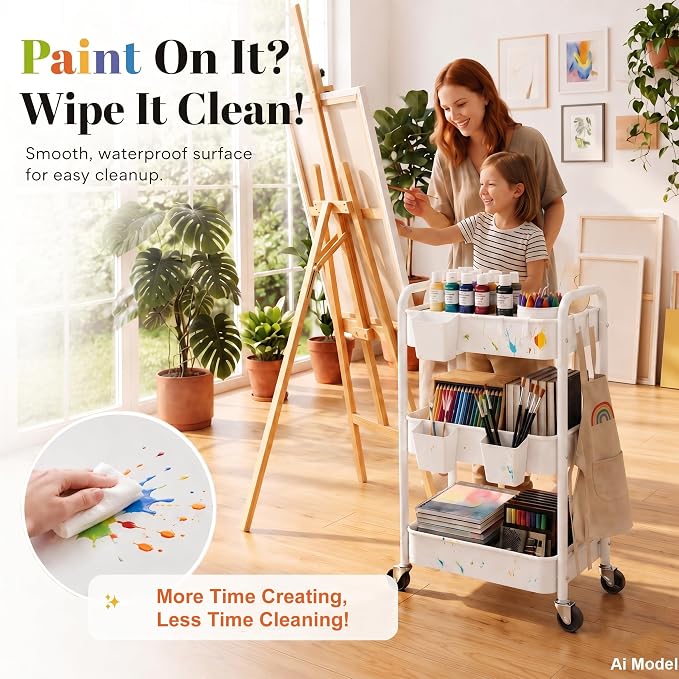3 Tier Rolling Cart Metal with Wheels, White Three Tiered Craft Cart Organizer on Wheels, Storage Utility Carts for Art, Baby Nursery,Diaper Caddy, Cleaning Supplies, Nail,Lash,Snack,Book,Roller Shelf