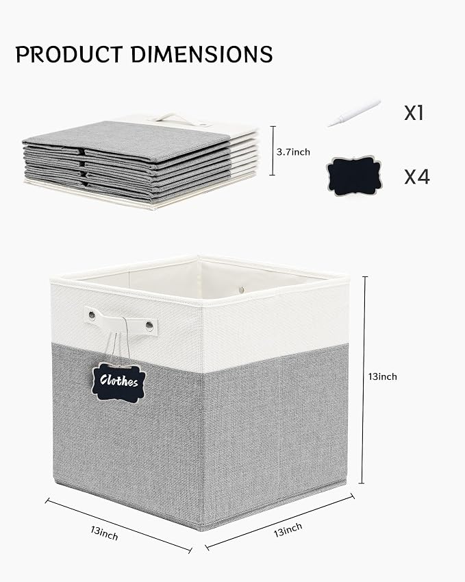 FinishingBo 13 inch Cube Storage Bins with Handles 4 Pack | Foldable Linen Storage Baskets, Closet Organizers, Shelf Baskets, White Grey