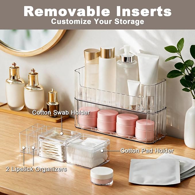 Medicine Cabinet Organizer, 2-Tier Stackable Makeup Organizer with Lipstick Holders & Cotton Swab Containers for Bathroom, RV,Mirror Cabinets, Vanity, Closet & Countertop