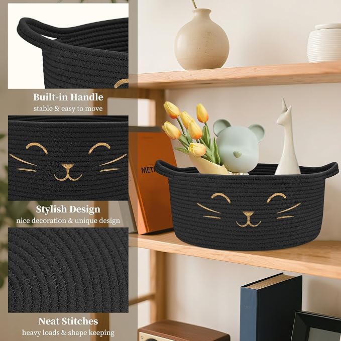 Large Cat Toy Basket, Gift Baskets Empty for Baby Shower,13" x 6" | Boo basket Cute Woven Rope Storage Basket for Home Decor, Baby Baskets for Nursery, Cat Pet toy box, Black