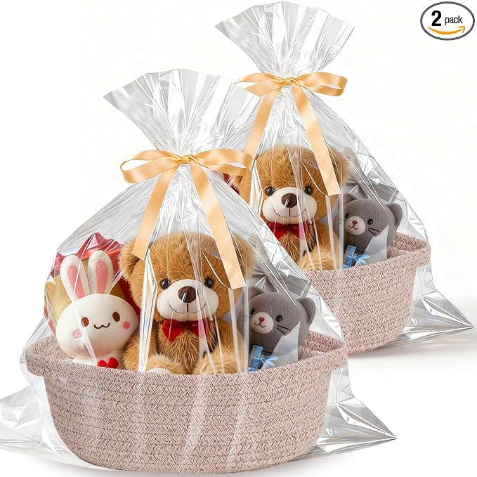 Small Basket with Gift Bags and Ribbons，Small Woven Basket Cute Oval Cotton Rope Gifts with Handle Empty Baby Wicker Storage for Baby Showers Pet Toy Bin (Brown, 2 Pack (12"x 8"x 3.74"))