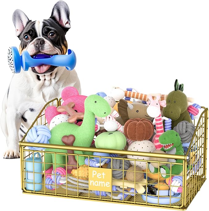 Kaiferty Indestructible Dog Toy basket, Medium Toy Box for Dogs,Pet Toy Bin Dog Metal Basket for Toys, Toy Storage Organizer, Toy Box for Living Room Area (Gold)