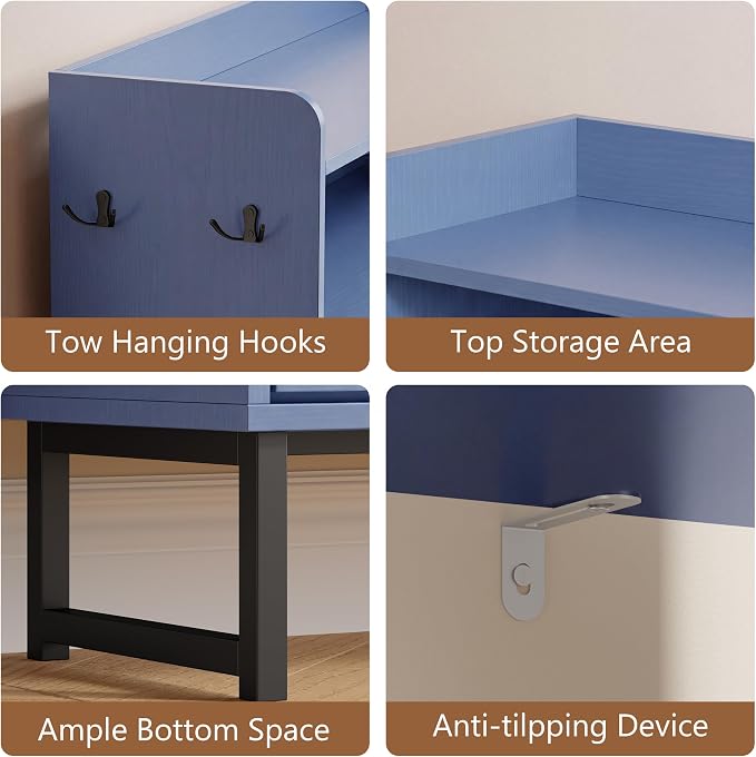 Xixini Shoe Storage Cabinet with 2 Flip Drawers, Entryway Shoe Rack, Blue | Freestanding Narrow Shoe Storage, Hidden Slim Wood Shoe Organizer, Modern Farmhouse, Open Storage & Hooks for Closet, Hallway