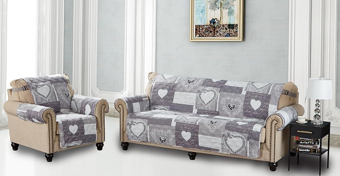 Brilliant Sunshine Grey Heart Love Patchwork Quilted Chair Slipcover, 23" Seat Width, Slip Resistant Furniture Protector, 2" Strap, Washable Armchair Cover for Pets, Kids, Dogs, Cats, Grey | Quilted Sofa Cover, Living Room & Bedroom Furniture Protector...