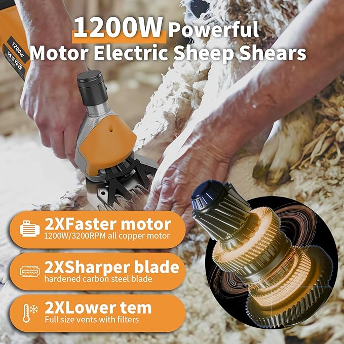 1200W Sheep Shears Clippers, 3200RPM 6-Speed Adjustable Heavy Duty Electric Sheep Shears for Dogs and Farm Livestock Grooming, 13T Blades, Professional Thick Coat Dog Clippers for Alpacas (Orange)