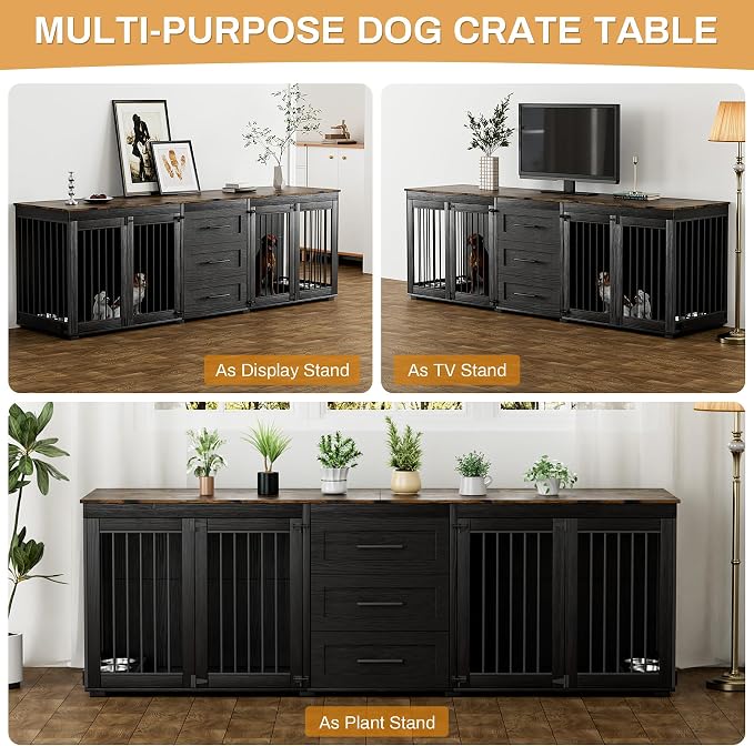 OUYESSIR 94.5" Double Dog Crate Furniture for Medium Large Dogs, Black | Extra large dog kennel fits 2 Medium or large dogs, 3 Storage Drawers, 4 removable Stainless steel dog bowls, Solid Wood