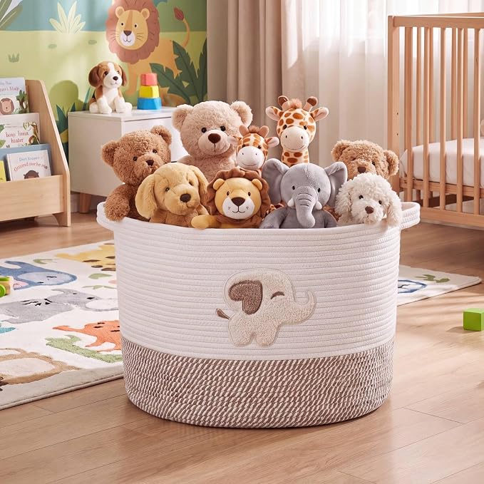 LemonRoad Extra Large Basket 20"x14", Woven Basket for Laundry Blanket Toy Box with Handle Storage, Blanket Storage for Living Room Nursery Pillows Chest(Cotton Rope,Elephant,Brown)