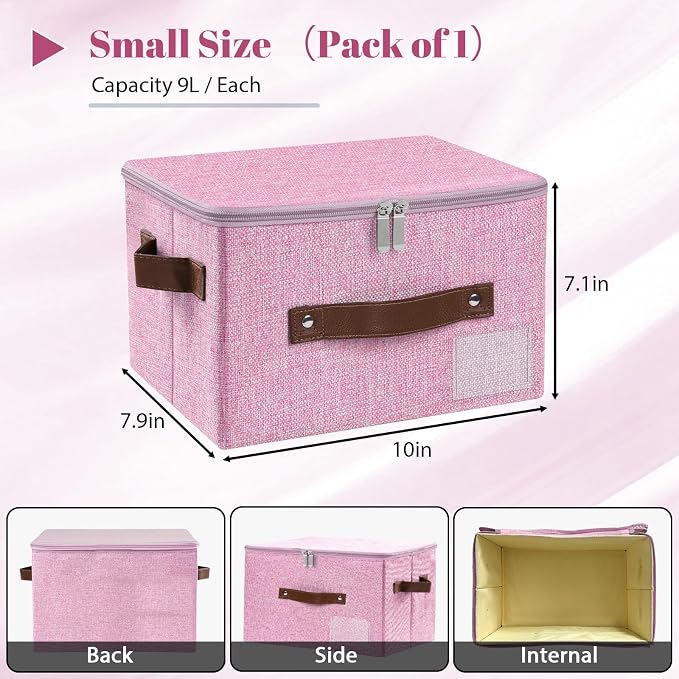 ANMINY Small Storage Box Fabric Bins with Zipper Lid, 10"x8"x7" Pink 3PCS | Keepsake Box, Decorative, Cotton Linen, Reinforced PP Board Frame, Washable, Stackable & Foldable, Label Holder & PU Handles