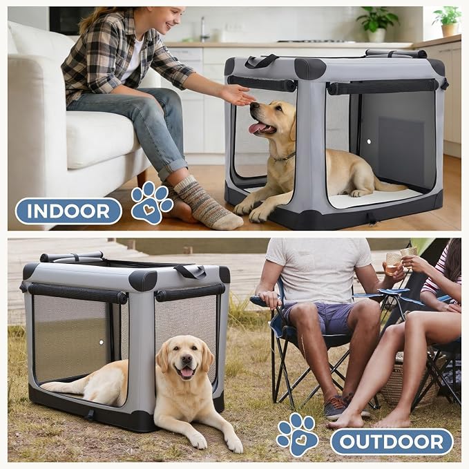 DUMOS Soft Dog Crate 42 Inch, X-Large Foldable Outdoor Cat Carrier | Foldable Portable Design, Indoor Outdoor Travel Kennel, Storage Bag, Washable Pad, Grey