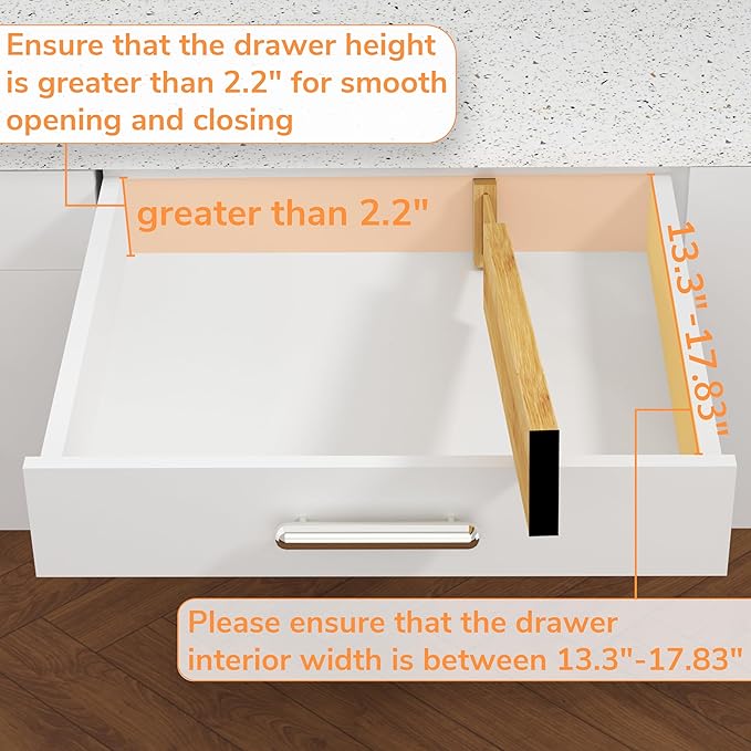 BAMEOS Bamboo Expandable Drawer Dividers – Fits 13.3"–19" Drawers, 2" High, Set of 4 | Spring-Loaded Bamboo Separator for Kitchen Island, Bathroom Vanity & Dresser Drawers