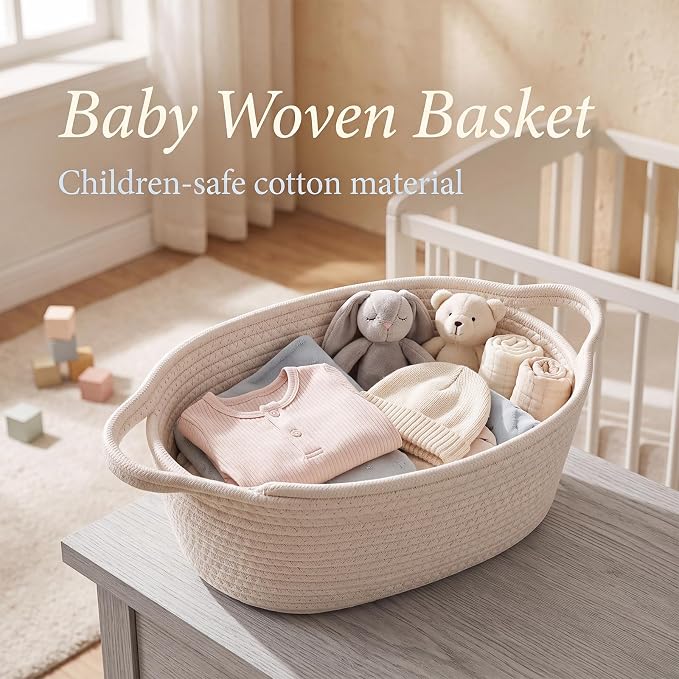 Woven Basket 13" x 8" x 5.5" Rope Gift Baskets Empty with Handles | Soft Woven Cotton Rope for Baby Shower Birthday Toys Organizer Shelves Closets Nursery Back to School Halloween Gifts