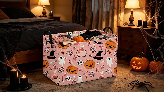 Sanjiaofeng Rectangular Pink Halloween Horror Ghost Storage Basket,Scary Pumpkin Basket,Halloweens Party Baskets,Halloween Candy Storage Baskets with Handles(Smiley Pumpkin)