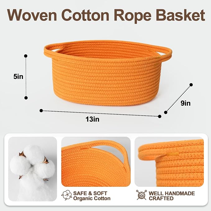 Orange Basket for Gifts Empty, 13"x 9"x 5" Small Woven Rope Bin, Easter Basket Empty, Kids Dog Cat Toy Bin Box, Cute Baby Nursery Organizer, Decorative Storage with Handles, Orange Room Decor